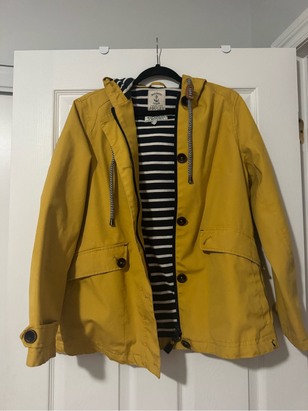 Joules Mustard Yellow Hooded Waterproof Raincoat with Striped Lining